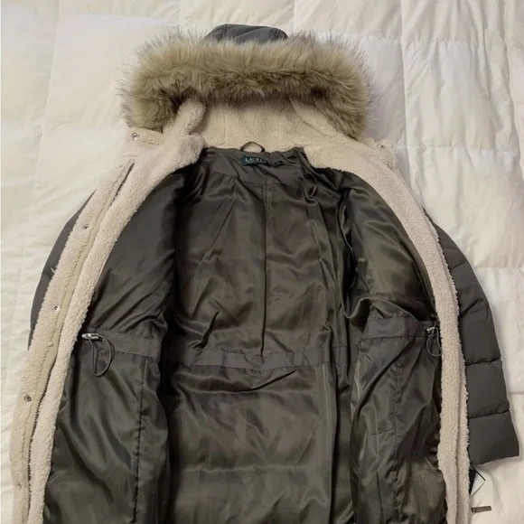 Ralph Lauren Gray Down Puffer Jacket parka with detachable Fur Hood size small - Picture 11 of 17